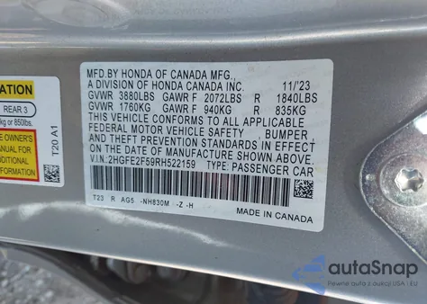 2024 Honda Civic Sport из США, поврежденный, VIN 2HGFE2F59RH522159